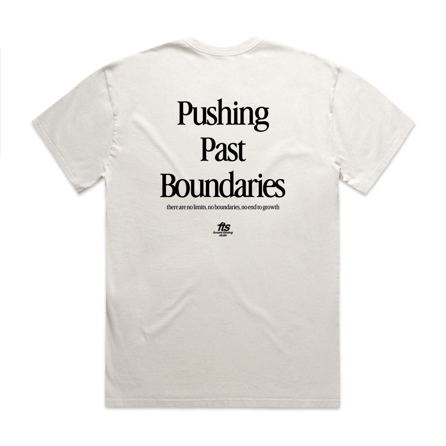 White t-shirt with 'Pushing Past Boundaries' text on a white background