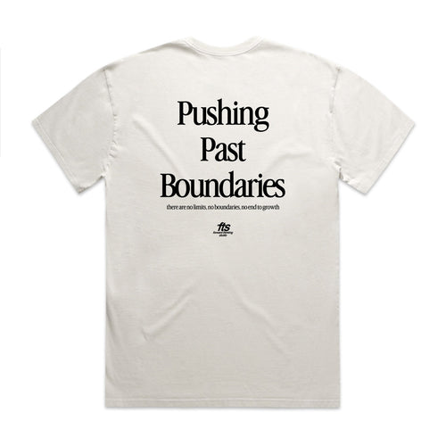 White t-shirt with 'Pushing Past Boundaries' text on a white background