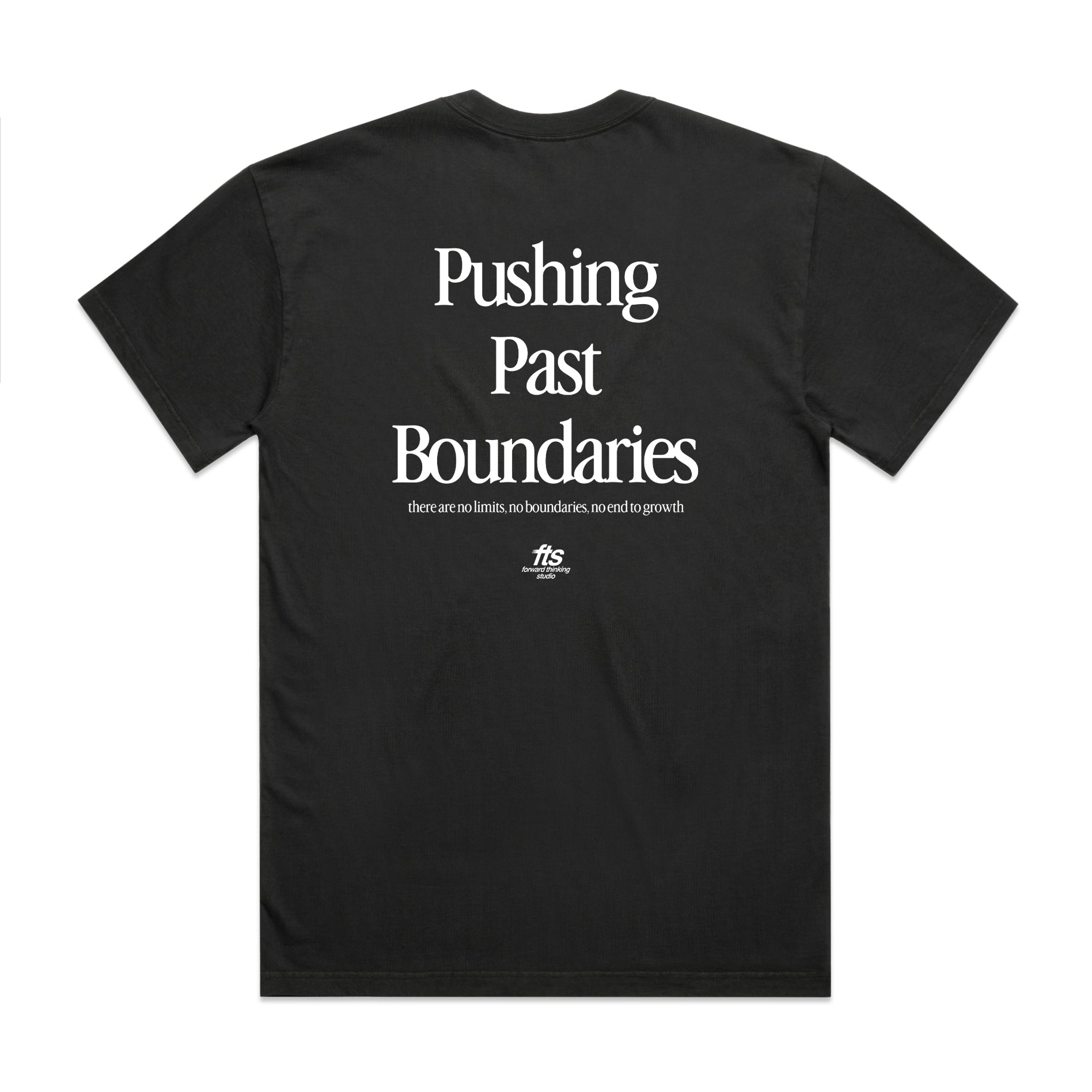 Black t-shirt with 'Pushing Past Boundaries' text on a white background