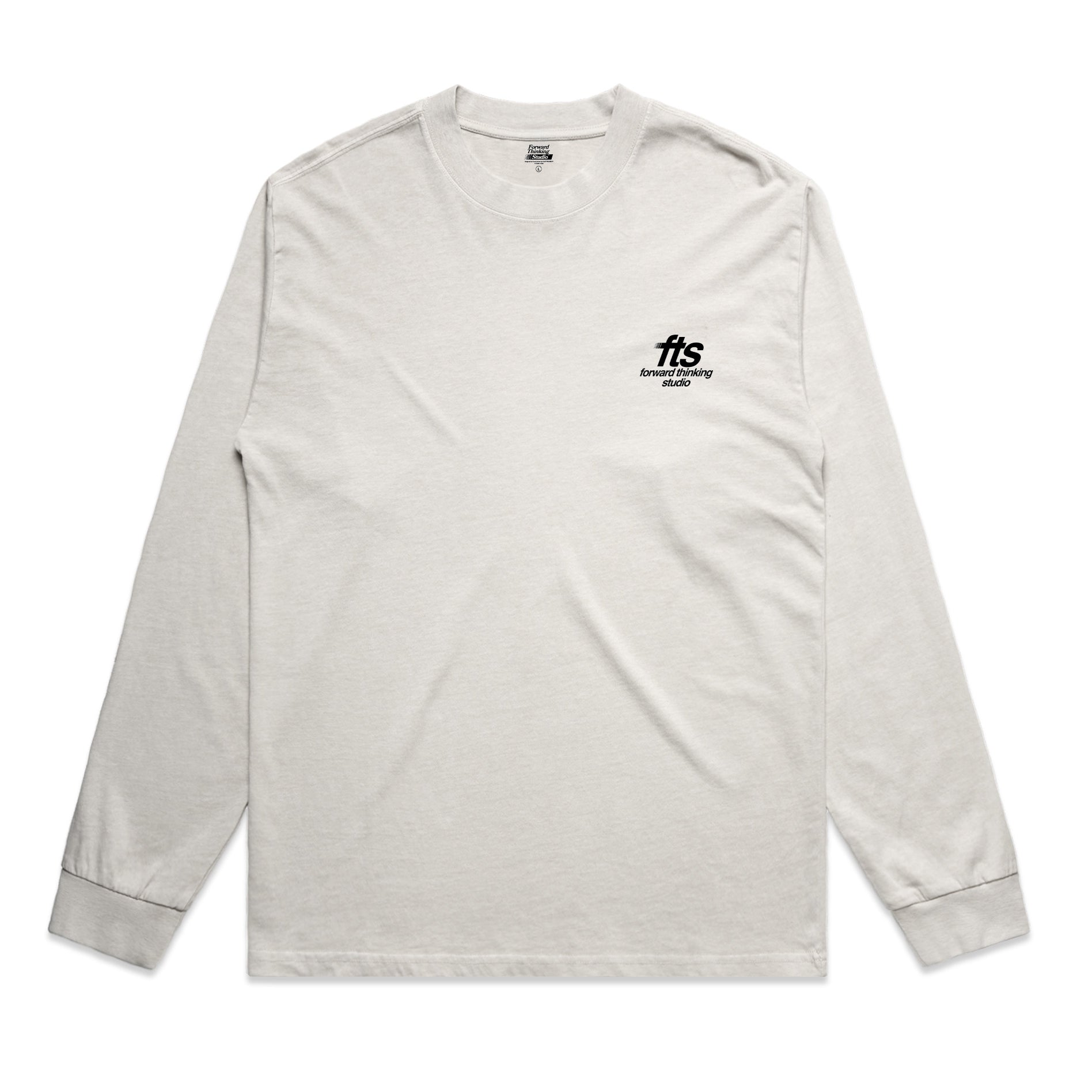 Gray long-sleeve shirt with a black Forward Thinking Studio logo on a white background
