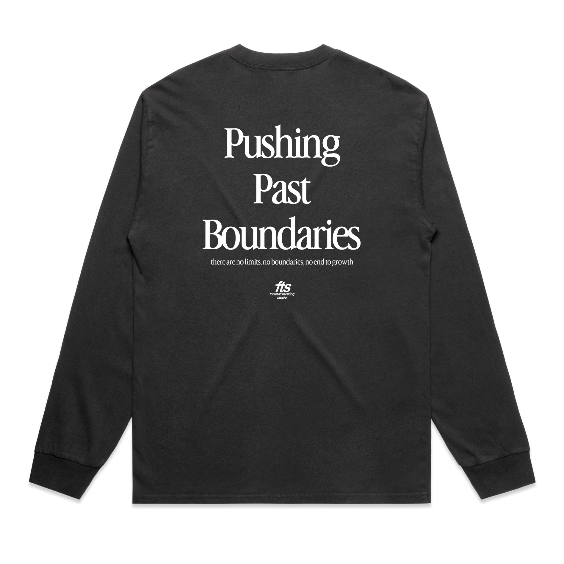 Black long-sleeve shirt with 'Pushing Past Boundaries' text on the back against a white background