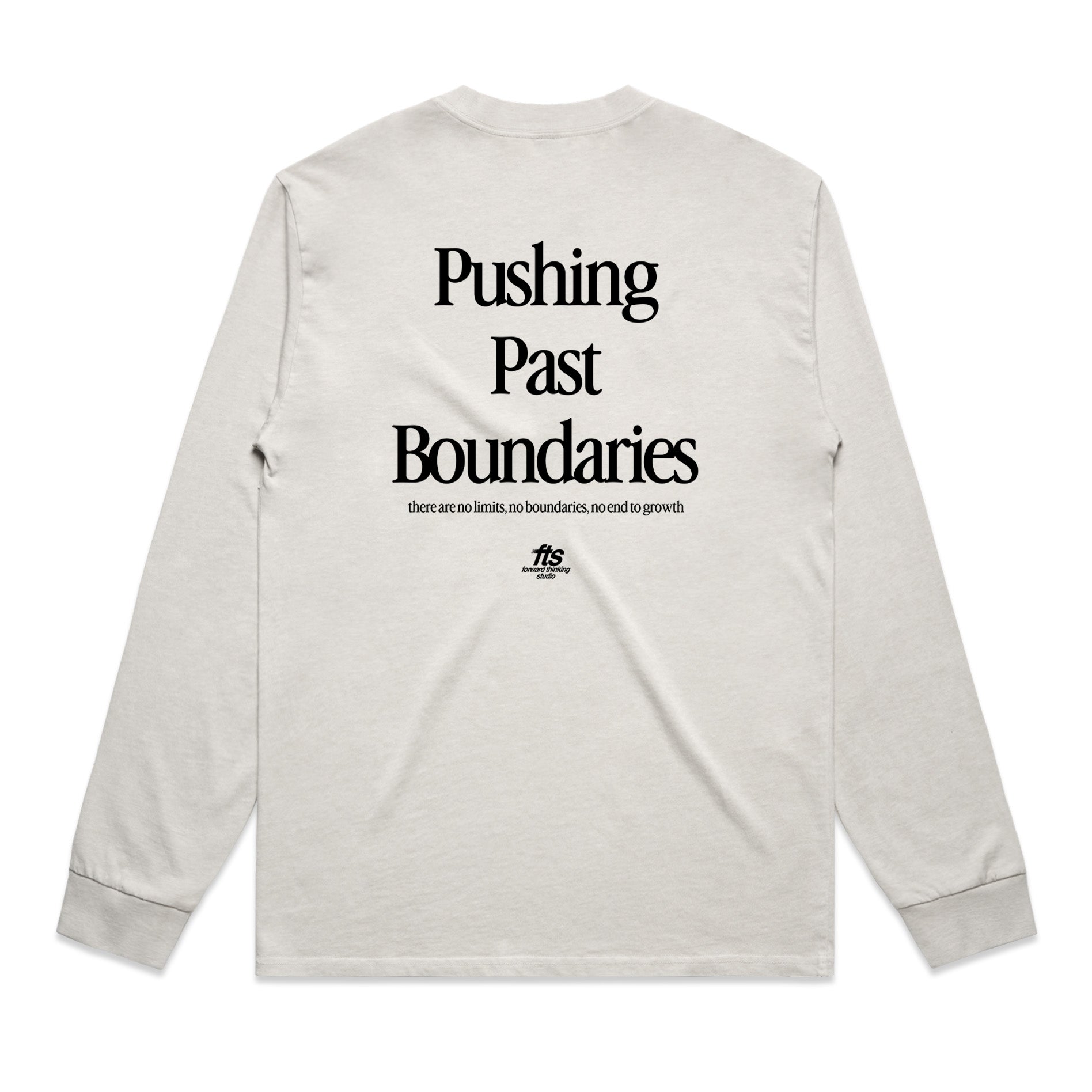Light gray long-sleeve shirt with black text  "Pushing Past Boundaries" on a white background