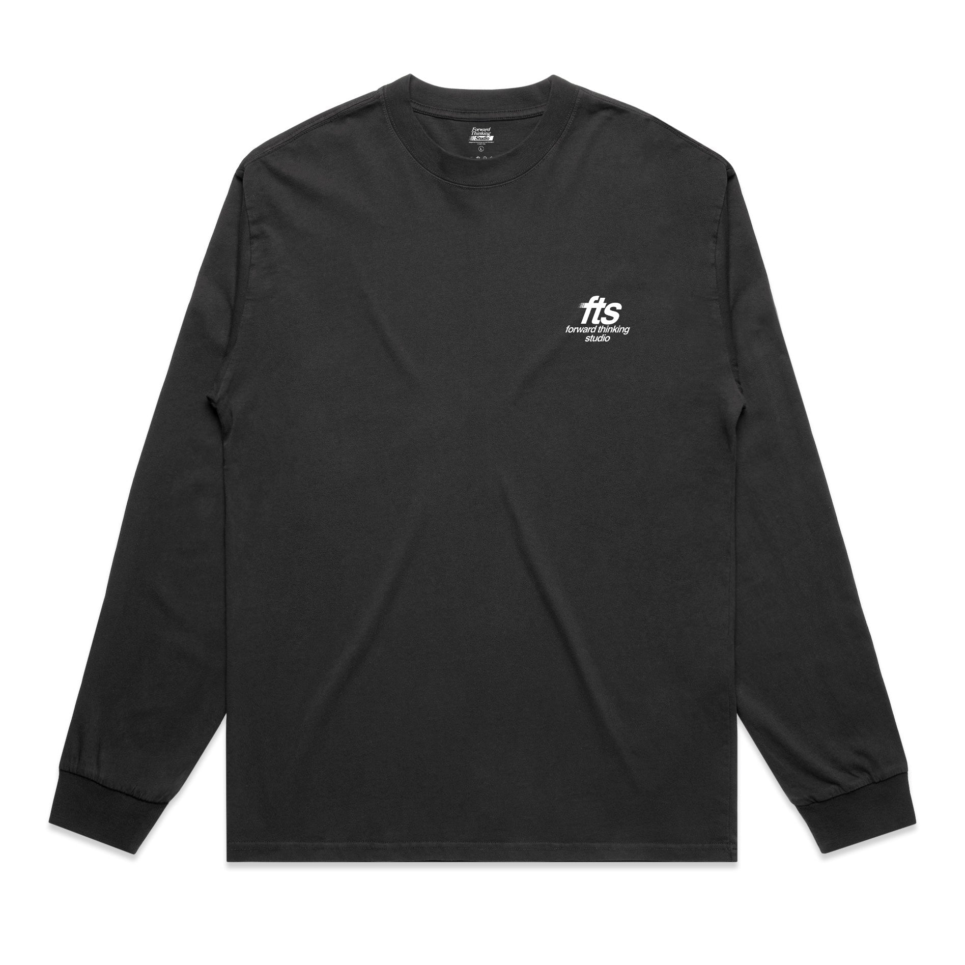 Black long-sleeve shirt with a Forward Thinking Studio logo on the chest against a white background
